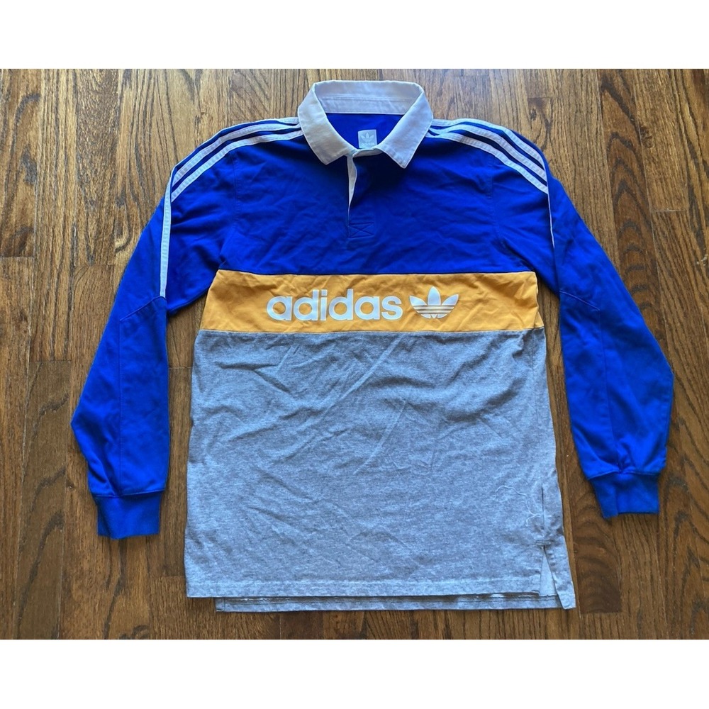ADIDAS Polo Rugby Shirt Mens Medium Blue Color block Long Sleeve Spell Out Y2K